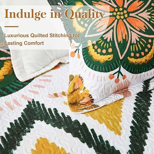 Tyrot 3 Piece Boho Floral Californial King Size Quilt Sets Farmhouse Reversible Lightweight Bedspread Coverlet with 2 Shams Mid Century Leaves Microfiber Bedding Quilts Set for All Season, 118''x106'' - Image 4
