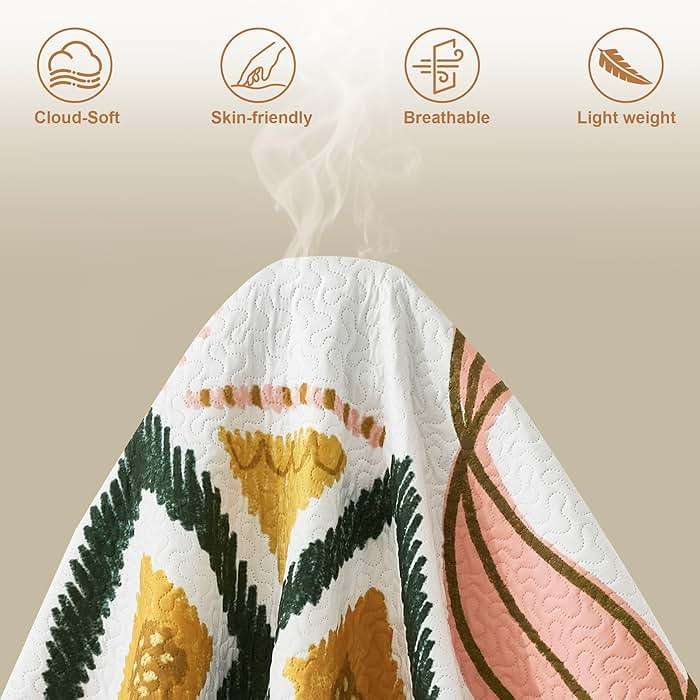 Tyrot 3 Piece Boho Floral Californial King Size Quilt Sets Farmhouse Reversible Lightweight Bedspread Coverlet with 2 Shams Mid Century Leaves Microfiber Bedding Quilts Set for All Season, 118''x106'' - Image 5