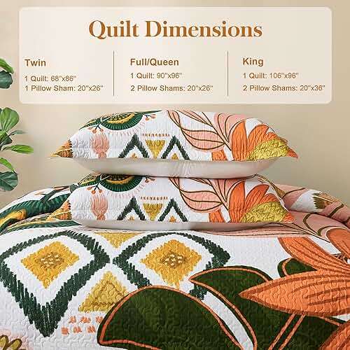 Tyrot 3 Piece Boho Floral Californial King Size Quilt Sets Farmhouse Reversible Lightweight Bedspread Coverlet with 2 Shams Mid Century Leaves Microfiber Bedding Quilts Set for All Season, 118''x106'' - Image 6