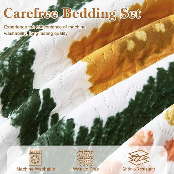 Tyrot 3 Piece Boho Floral Californial King Size Quilt Sets Farmhouse Reversible Lightweight Bedspread Coverlet with 2 Shams Mid Century Leaves Microfiber Bedding Quilts Set for All Season, 118''x106'' - Image 7