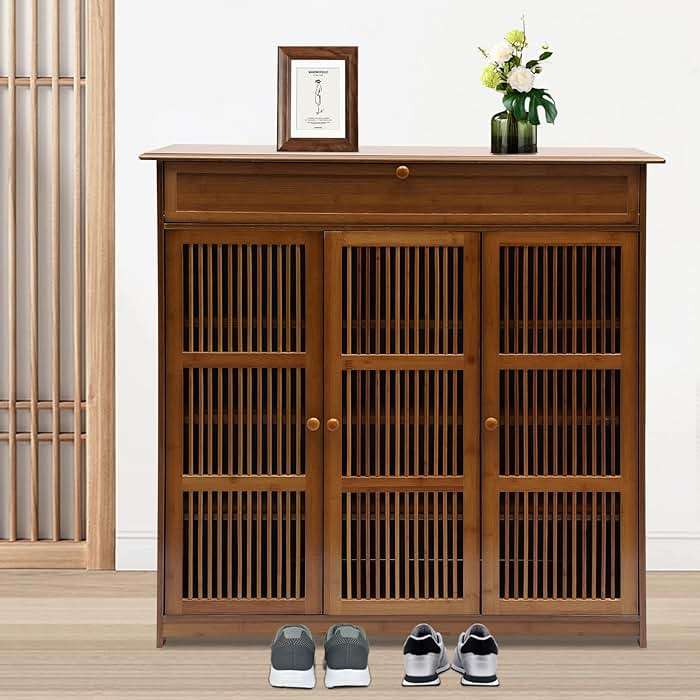 GUDBYWXB 39" Bamboo Shoe Cabinet with Drawer 3-Doors Shoe Cabinet High Heels Storage Rack, for Bathroom, Living Room, Kitchen, Entrance, Etc - Image 2