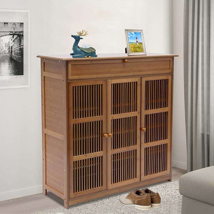 GUDBYWXB 39" Bamboo Shoe Cabinet with Drawer 3-Doors Shoe Cabinet High Heels Storage Rack, for Bathroom, Living Room, Kitchen, Entrance, Etc - Image 6
