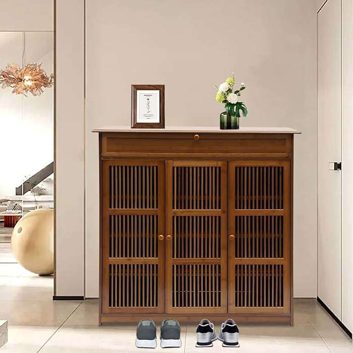 GUDBYWXB 39" Bamboo Shoe Cabinet with Drawer 3-Doors Shoe Cabinet High Heels Storage Rack, for Bathroom, Living Room, Kitchen, Entrance, Etc - Image 7
