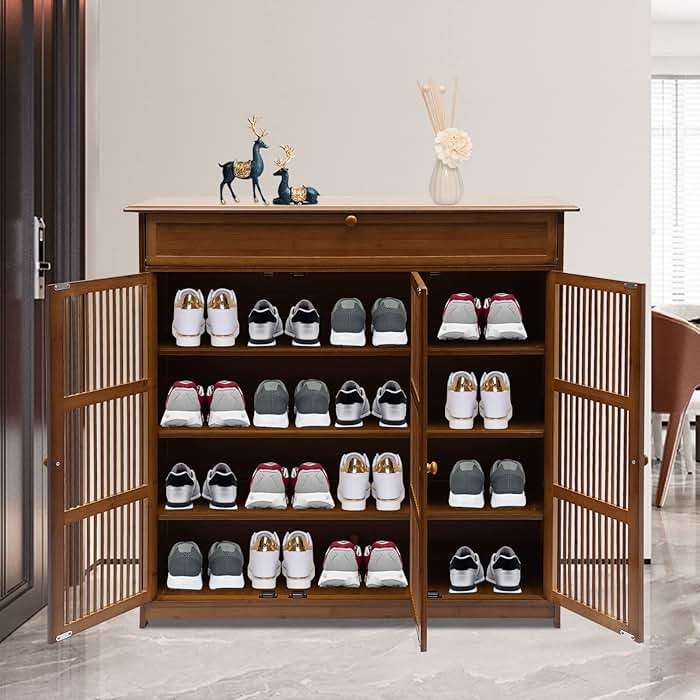 GUDBYWXB 39" Bamboo Shoe Cabinet with Drawer 3-Doors Shoe Cabinet High Heels Storage Rack, for Bathroom, Living Room, Kitchen, Entrance, Etc - Image 8