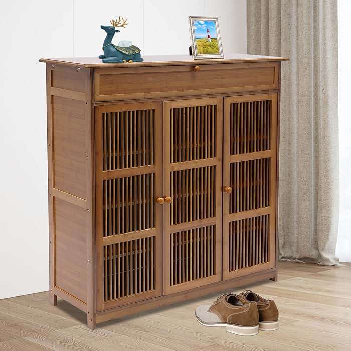 GUDBYWXB 39" Bamboo Shoe Cabinet with Drawer 3-Doors Shoe Cabinet High Heels Storage Rack, for Bathroom, Living Room, Kitchen, Entrance, Etc - Image 9