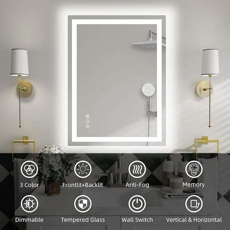 miskerm 32"x 24" LED Bathroom Mirror with Lights, Dimmable, Double Lights, Backlit + Front Lit, 3 Colors Led Mirror for Bathroom, Lighted Bathroom Vanity Mirror, Tempered Glass(Horizontal/Vertical) - Image 6