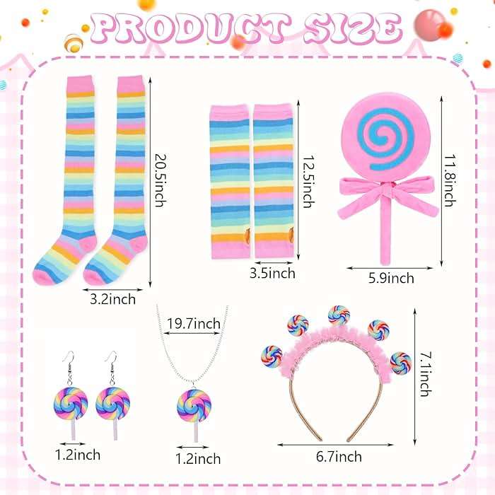 NinkyNonk Galentine's Day Candyland Costume Accessories Headband Sweet Rainbow Necklace Lollipop Earrings Jombo Handheld Candy Gloves Tights for Candy Theme Cosplay Accessories - Image 2