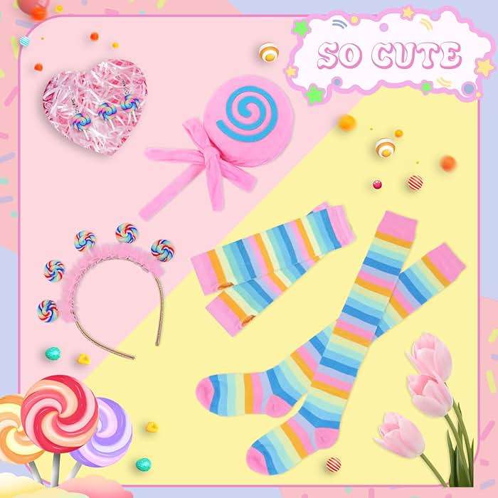 NinkyNonk Galentine's Day Candyland Costume Accessories Headband Sweet Rainbow Necklace Lollipop Earrings Jombo Handheld Candy Gloves Tights for Candy Theme Cosplay Accessories - Image 3