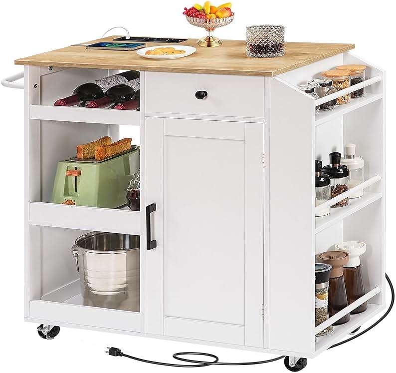 MAHANCRIS Kitchen Island with Power Outlet, Kitchen Storage Island with Drawer, Rolling Kitchen Cart on Wheels, Spice Rack, Towel Rack, Wine Rack, for Dining Room, White and Natural KINW122E01N1 - Image 1