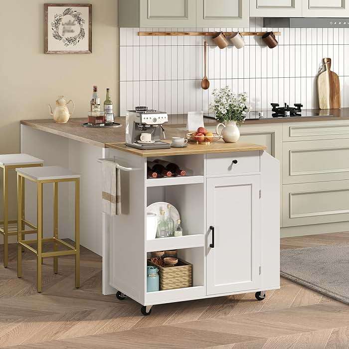 MAHANCRIS Kitchen Island with Power Outlet, Kitchen Storage Island with Drawer, Rolling Kitchen Cart on Wheels, Spice Rack, Towel Rack, Wine Rack, for Dining Room, White and Natural KINW122E01N1 - Image 2