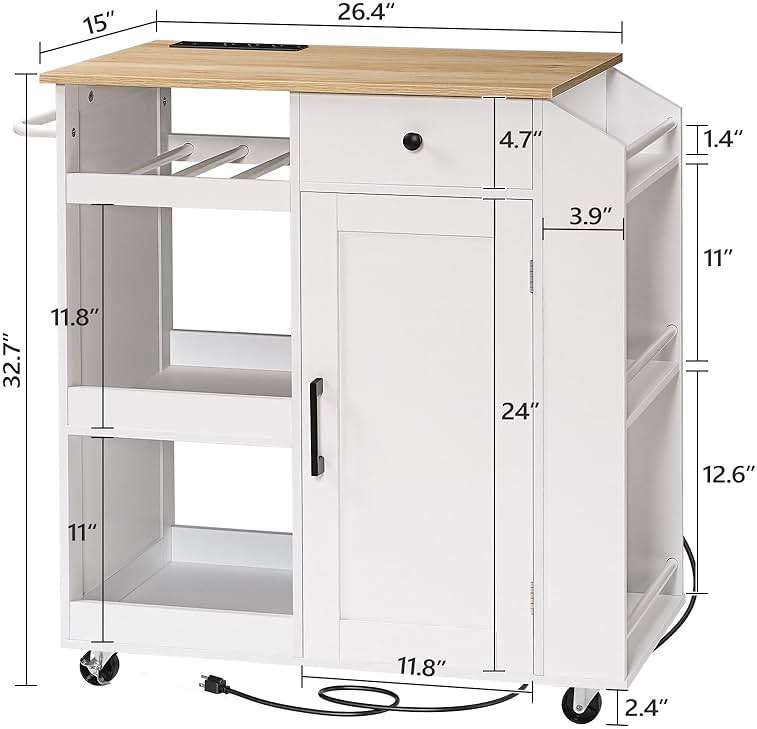 MAHANCRIS Kitchen Island with Power Outlet, Kitchen Storage Island with Drawer, Rolling Kitchen Cart on Wheels, Spice Rack, Towel Rack, Wine Rack, for Dining Room, White and Natural KINW122E01N1 - Image 3