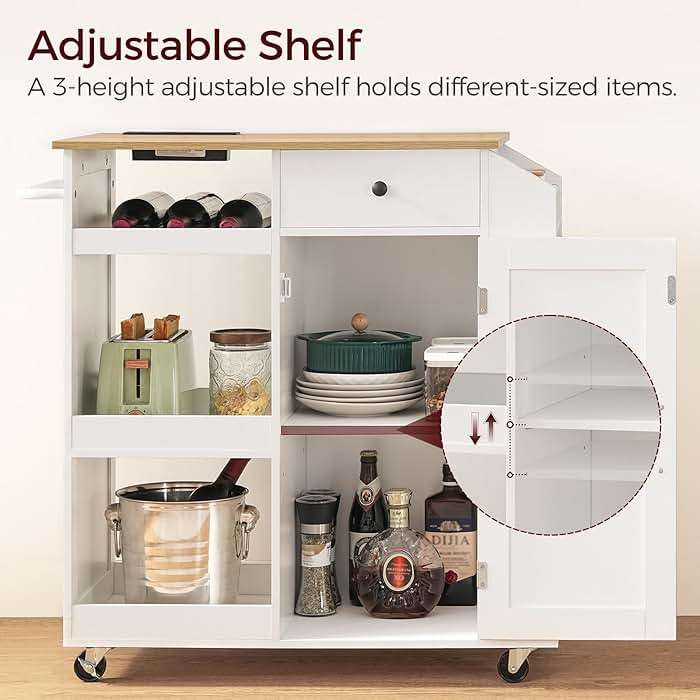 MAHANCRIS Kitchen Island with Power Outlet, Kitchen Storage Island with Drawer, Rolling Kitchen Cart on Wheels, Spice Rack, Towel Rack, Wine Rack, for Dining Room, White and Natural KINW122E01N1 - Image 4
