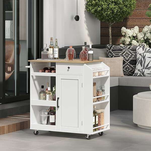 MAHANCRIS Kitchen Island with Power Outlet, Kitchen Storage Island with Drawer, Rolling Kitchen Cart on Wheels, Spice Rack, Towel Rack, Wine Rack, for Dining Room, White and Natural KINW122E01N1 - Image 5
