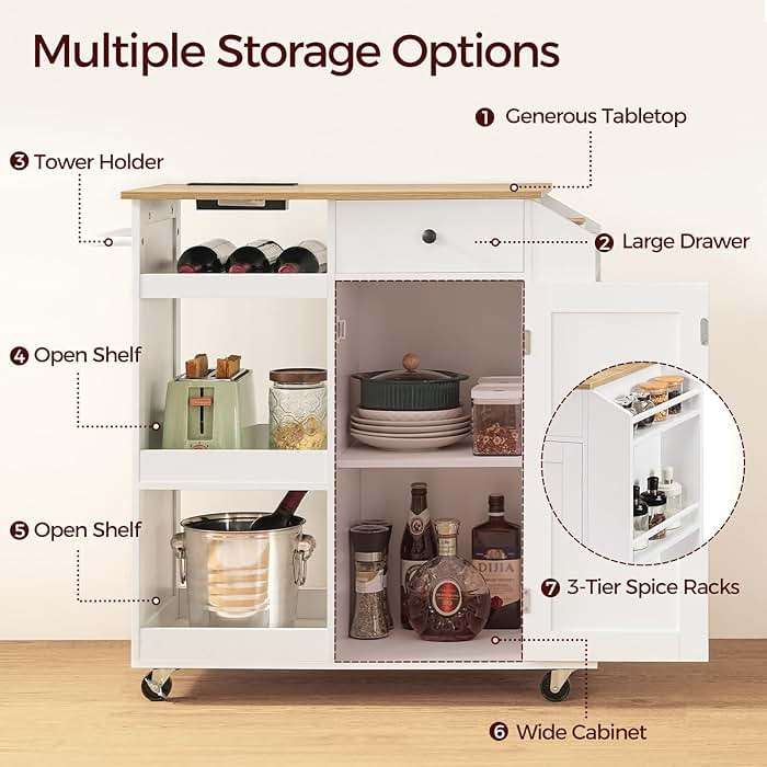 MAHANCRIS Kitchen Island with Power Outlet, Kitchen Storage Island with Drawer, Rolling Kitchen Cart on Wheels, Spice Rack, Towel Rack, Wine Rack, for Dining Room, White and Natural KINW122E01N1 - Image 6
