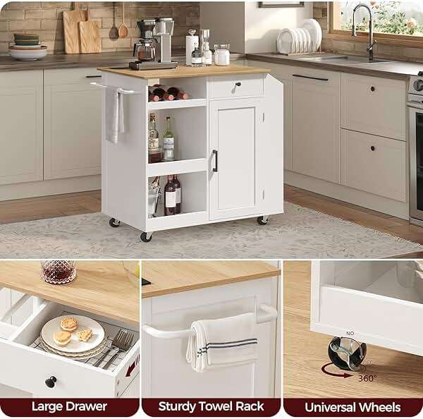 MAHANCRIS Kitchen Island with Power Outlet, Kitchen Storage Island with Drawer, Rolling Kitchen Cart on Wheels, Spice Rack, Towel Rack, Wine Rack, for Dining Room, White and Natural KINW122E01N1 - Image 7