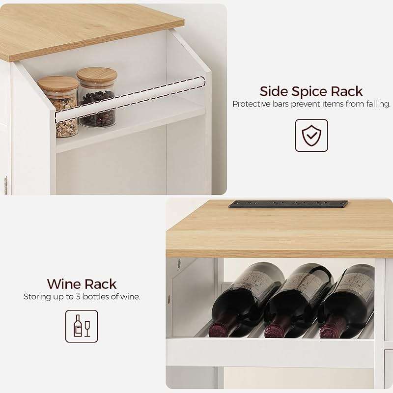 MAHANCRIS Kitchen Island with Power Outlet, Kitchen Storage Island with Drawer, Rolling Kitchen Cart on Wheels, Spice Rack, Towel Rack, Wine Rack, for Dining Room, White and Natural KINW122E01N1 - Image 9