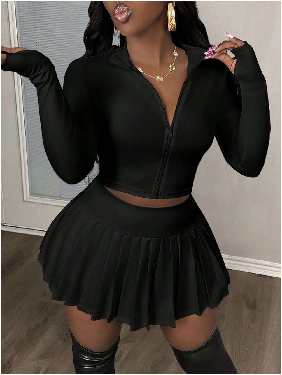SOLY HUX Women's Skirt Sets 2 Piece Outfits Long Sleeve Crop Top with Pleated Mini Skirt Set Party Outfits for Women - Image 3