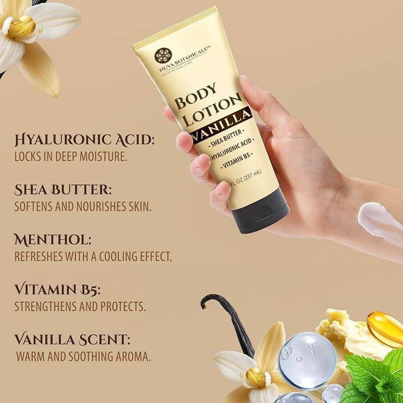 Nuva Botanicals Vanilla Body Lotion for Women Dry Skin - Vanilla Lotion for Women with Hyaluronic Acid - Body Cream for Women with Shea Butter - Moisturizing and Hydrating Vanilla Body Care (8 fl oz) - Image 4