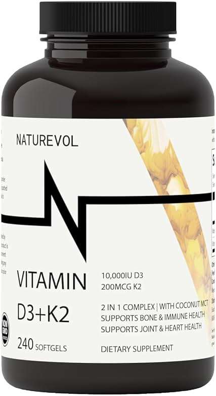 NATUREVOL Vitamin D3 + K2 with Coconut Oil - D3 10,000 IU & K2 (MK-7) 200 mcg | 2-in-1 High Potency Support for Bone & Immune Health | Easy to Swallow | Non-GMO, Gluten & Soy Free - 240 Softgels - Image 1