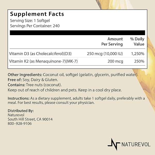 NATUREVOL Vitamin D3 + K2 with Coconut Oil - D3 10,000 IU & K2 (MK-7) 200 mcg | 2-in-1 High Potency Support for Bone & Immune Health | Easy to Swallow | Non-GMO, Gluten & Soy Free - 240 Softgels - Image 2