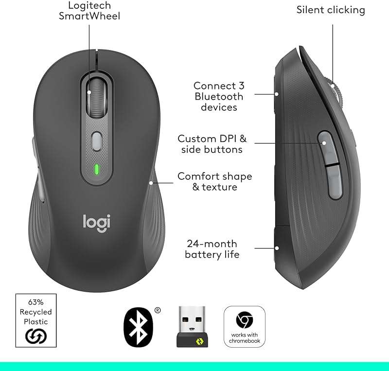 Logitech Signature Plus M750 L Wireless Mouse - for Large Hands, SmartWheel, Bluetooth, Multi Device, 24-Month Battery, Silent Clicks, Customizable Side Buttons, Contoured Shape - Graphite - Image 7