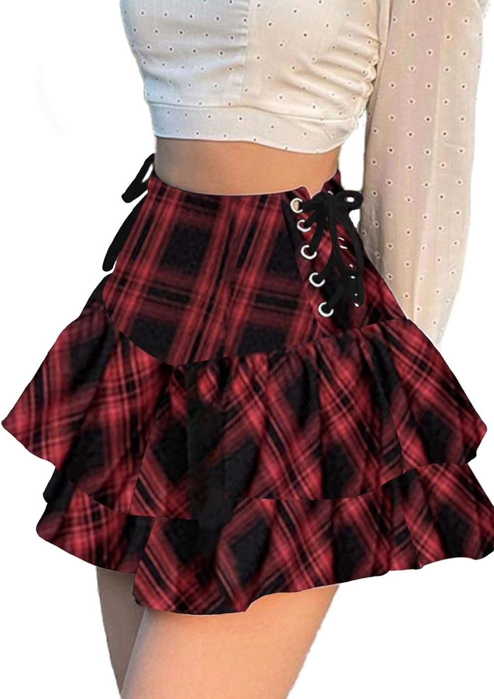AULKEEP Womens Lace Up Skirts Goth Ruffle Mini Skirt Y2k Black High Waist Skirt Summer Punk Short Skirts - Image 2