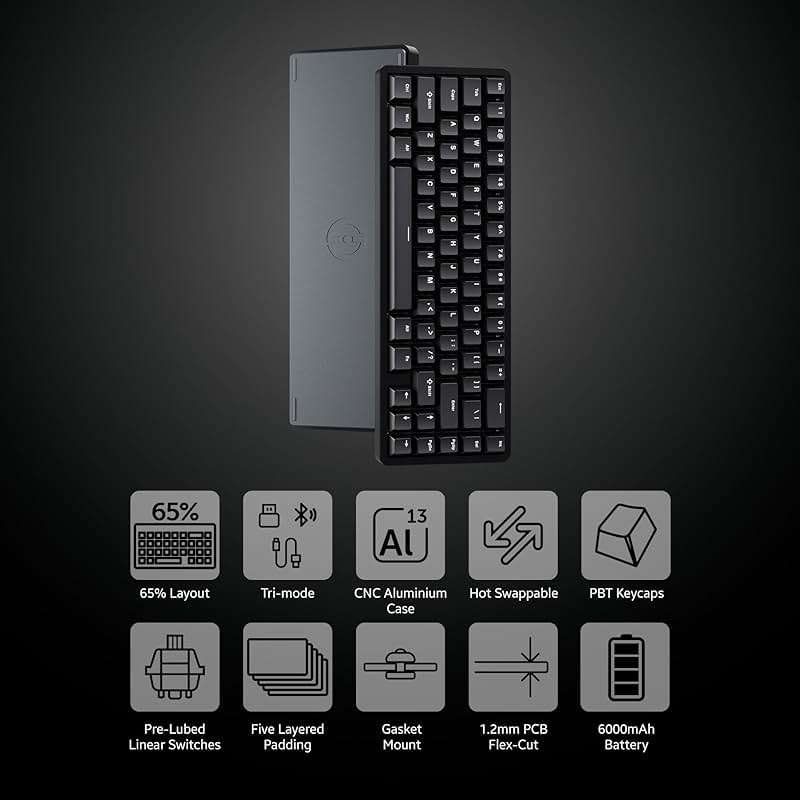 Chilkey ND65 Wireless Aluminum Mechanical Keyboard, 65% Layout Portable Gaming Keyboard, Tri-Mode BT5.0/2.4GHz/USB-C Hot Swappable Custom RGB Backlit Key Board for Laptop Office PC - Black - Image 2