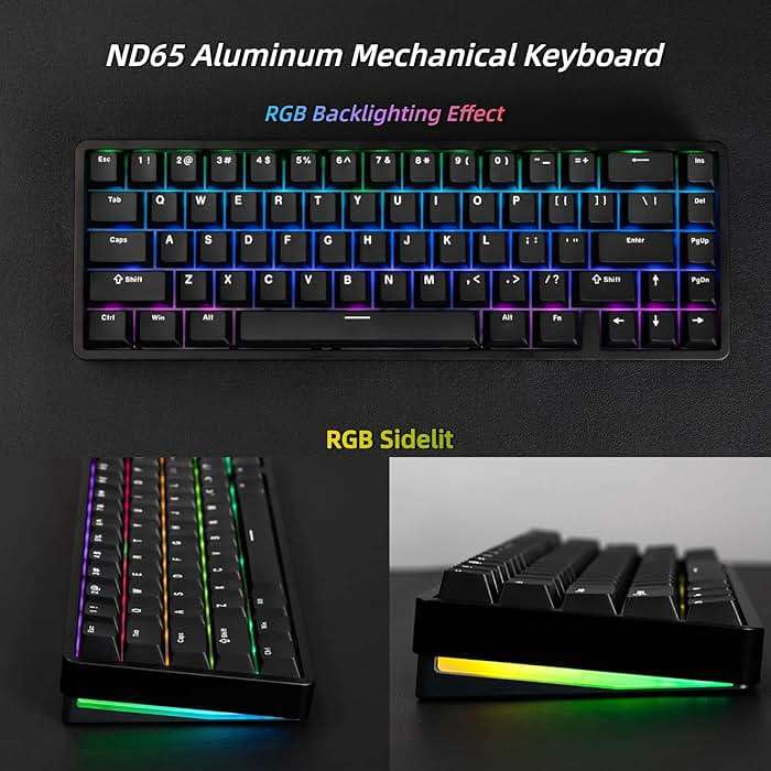 Chilkey ND65 Wireless Aluminum Mechanical Keyboard, 65% Layout Portable Gaming Keyboard, Tri-Mode BT5.0/2.4GHz/USB-C Hot Swappable Custom RGB Backlit Key Board for Laptop Office PC - Black - Image 5