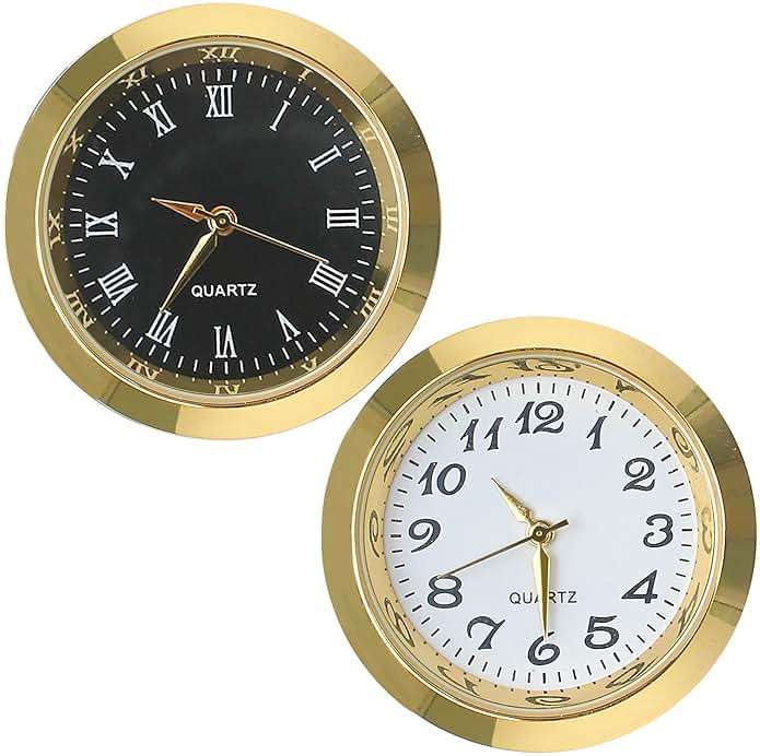 2PCS Mini Clock Face Insert Replacement, Fit 35mm (1.38") Hole Diameter, Round Inner Crystal Clock Roman Numeral Quartz Movement Miniature Metal Gold Tone Bezel Supplies for DIY Repair Craft Easy Read - Image 1