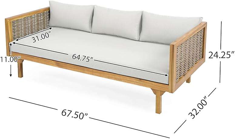 Christopher Knight Home Outdoor 3 Seater Acacia Wood Daybed with Fabric Water Resistant and Removable Cushions, Patio Garden Sofa with Wicker Armrest and Slat Paneling Back, Teak and Light Grey - Image 2