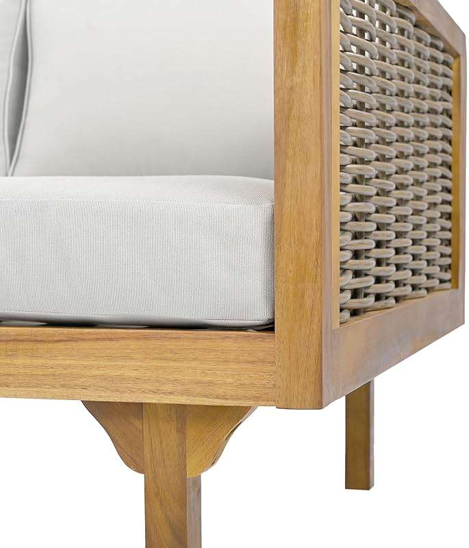 Christopher Knight Home Outdoor 3 Seater Acacia Wood Daybed with Fabric Water Resistant and Removable Cushions, Patio Garden Sofa with Wicker Armrest and Slat Paneling Back, Teak and Light Grey - Image 6