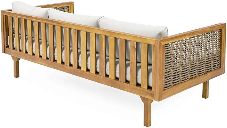 Christopher Knight Home Outdoor 3 Seater Acacia Wood Daybed with Fabric Water Resistant and Removable Cushions, Patio Garden Sofa with Wicker Armrest and Slat Paneling Back, Teak and Light Grey - Image 7
