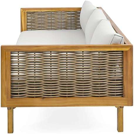 Christopher Knight Home Outdoor 3 Seater Acacia Wood Daybed with Fabric Water Resistant and Removable Cushions, Patio Garden Sofa with Wicker Armrest and Slat Paneling Back, Teak and Light Grey - Image 8