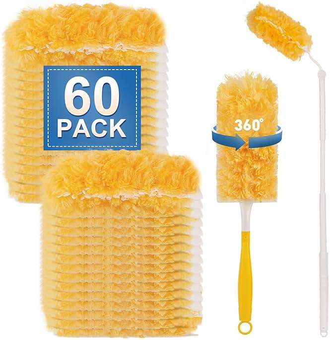 Heavy Duty Duster Refills, Disposable Dusters Kit for Cleaning Dusting Furniture Blind Ceiling Fan, Multi Surface 360 Feather Duster(60)+3FT Extended Handle +1 Handle - Image 1