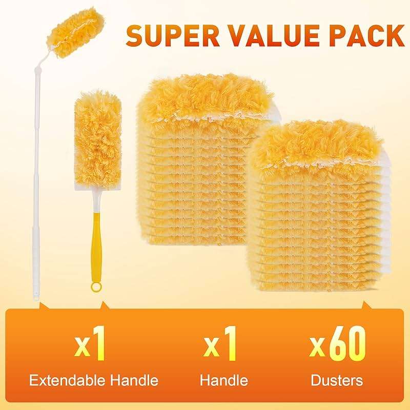Heavy Duty Duster Refills, Disposable Dusters Kit for Cleaning Dusting Furniture Blind Ceiling Fan, Multi Surface 360 Feather Duster(60)+3FT Extended Handle +1 Handle - Image 5