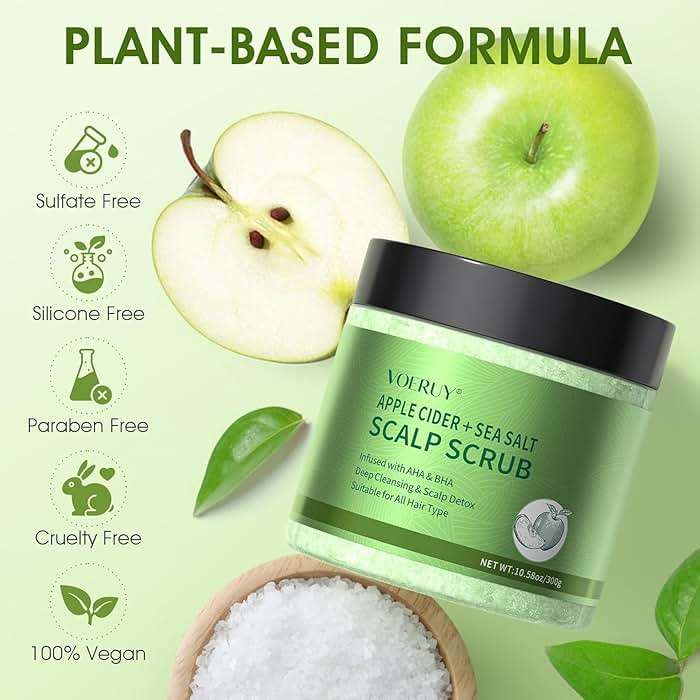 VOERUY Apple Cider Scalp Scrub, 2-in-1 AHA & BHA Scalp Exfoliator Shampoo, Detox Treatment with Sea Salt, Clarify and Remove Build Up with Silicone Scalp Massager, 10.6oz/300g - Image 5