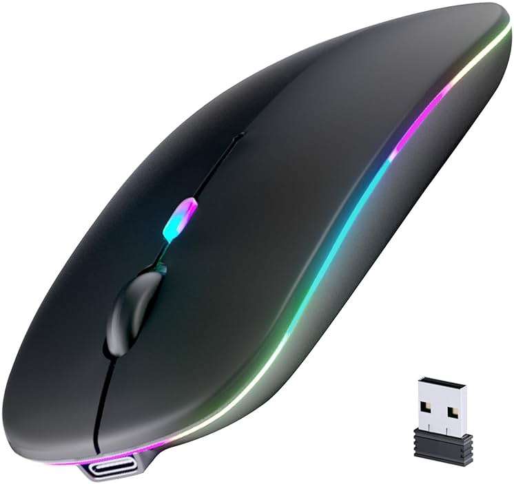 Wireless Bluetooth Mouse, Rechargeable, LED, Silent, Ultra-thin Design (Bluetooth 5.2 and 2.4GHz USB Receiver) | Portable Computer Mouse for Laptops, iPads, MacBooks and Apple Devices (Black) - Image 1