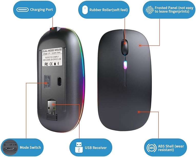 Wireless Bluetooth Mouse, Rechargeable, LED, Silent, Ultra-thin Design (Bluetooth 5.2 and 2.4GHz USB Receiver) | Portable Computer Mouse for Laptops, iPads, MacBooks and Apple Devices (Black) - Image 5