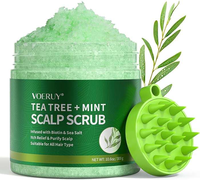 VOERUY Scalp Scrub, Tea Tree Scalp Exfoliator Scrub Shampoo, 2-in-1 Scalp Treatment with Mint Oil, Hair Treatment to Clarify and Remove Build up with Silicone Scalp Massager, 10.6oz/300g - Image 1