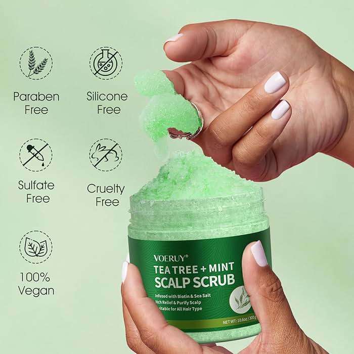 VOERUY Scalp Scrub, Tea Tree Scalp Exfoliator Scrub Shampoo, 2-in-1 Scalp Treatment with Mint Oil, Hair Treatment to Clarify and Remove Build up with Silicone Scalp Massager, 10.6oz/300g - Image 5