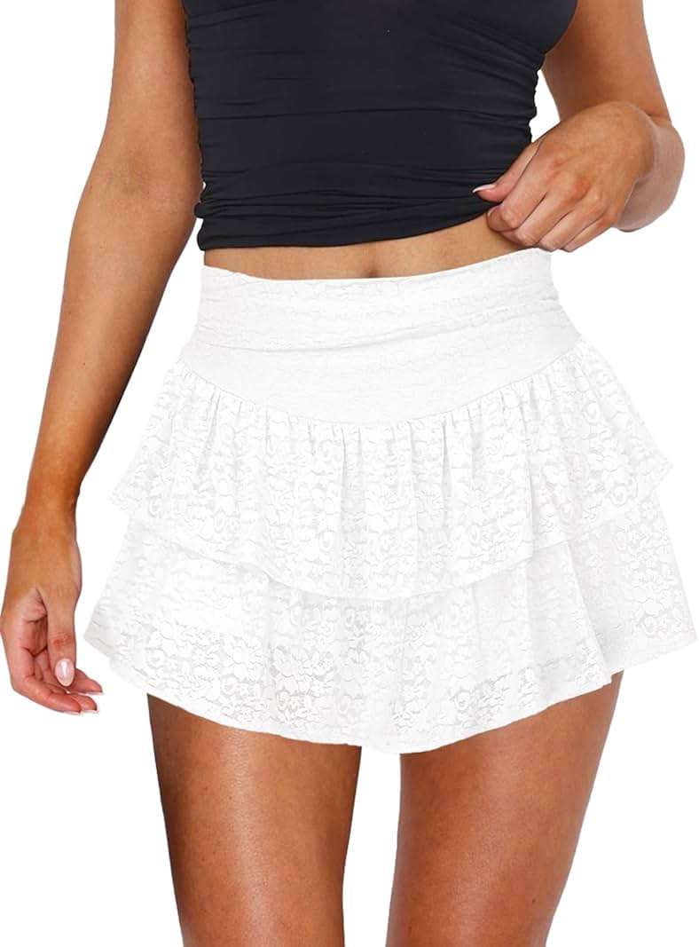 Women's Cute Ruffle Mini Skirt Y2K Party Club Short Skirts for Women Sexy Lace Flared Flowy Casual Swing Beach Skirt - Image 1