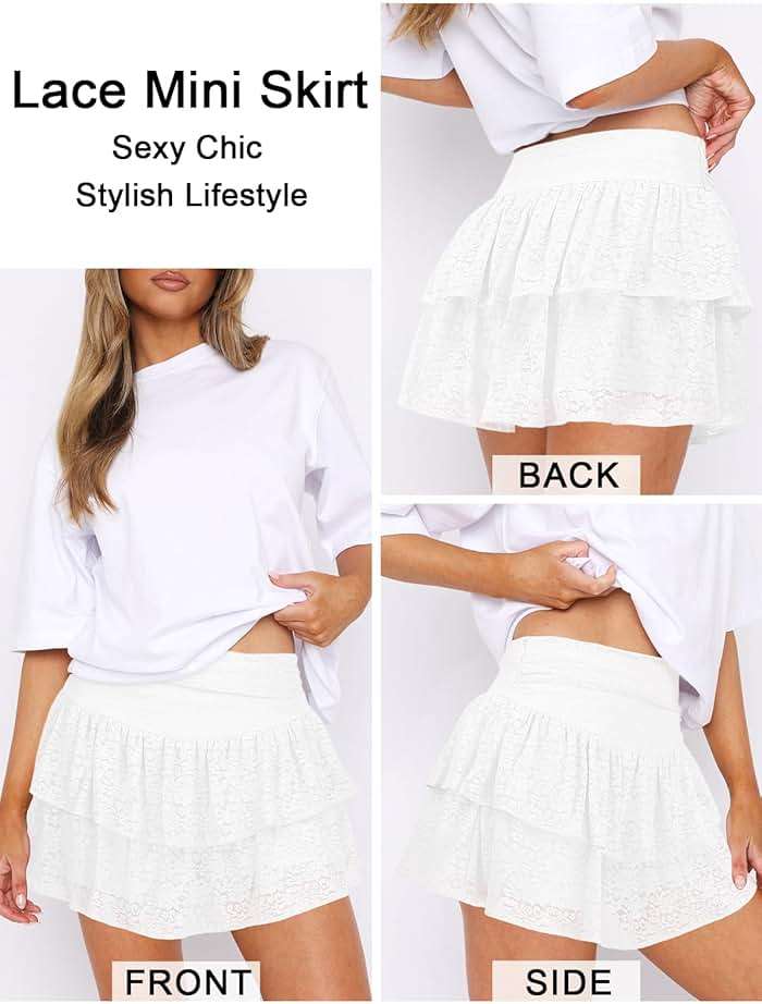 Women's Cute Ruffle Mini Skirt Y2K Party Club Short Skirts for Women Sexy Lace Flared Flowy Casual Swing Beach Skirt - Image 3