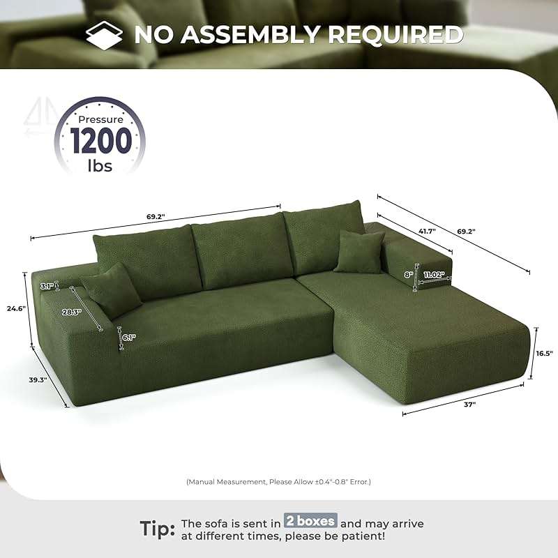 106" Cloud Sectional Couches for Living Room,L Shaped Boneless Couch with Comfy Chaise,Modular Sofa with Deep Seat No Assembly Required,Green - Image 2