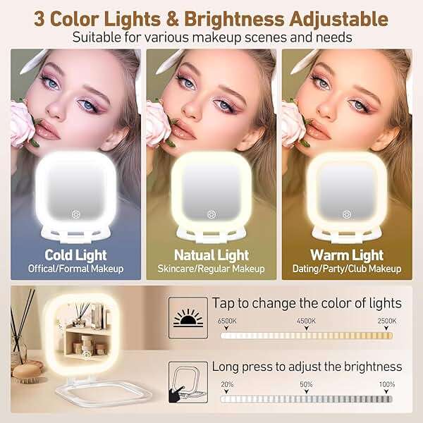 GOMIPURU Travel Mirror with Light, Compact Mirrors, 1x/30x Magnifying Mirror with 3 Color Lights and Adjustable Brightness, 4.5x3.9 inch Small Compact Hangable Hand Pocket Mirrors, Comes with Tweezer - Image 5