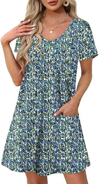 OFEEFAN Summer Dresses for Women 2026 Loose V Neck Short Sleeve Casual T Shirt Dress Sundresses Swimsuit Coverup with Pockets - Image 2