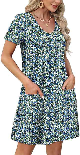 OFEEFAN Summer Dresses for Women 2026 Loose V Neck Short Sleeve Casual T Shirt Dress Sundresses Swimsuit Coverup with Pockets - Image 3