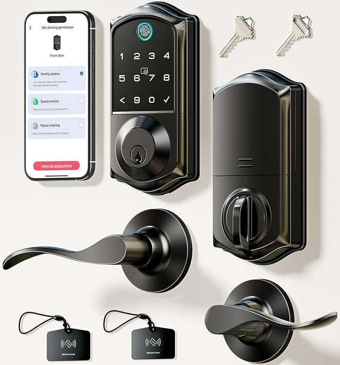 Veise VE017-L Fingerprint Smart Lock with Lever Handles, App Control, Keyless Entry Front Door Lock Set, Electronic Digital Keypad Deadbolt, Remote Grant, Emergency Power Port, Auto Lock, Matte Black - Image 1