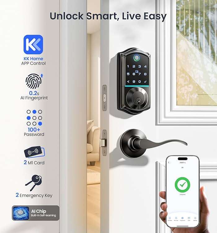 Veise VE017-L Fingerprint Smart Lock with Lever Handles, App Control, Keyless Entry Front Door Lock Set, Electronic Digital Keypad Deadbolt, Remote Grant, Emergency Power Port, Auto Lock, Matte Black - Image 2