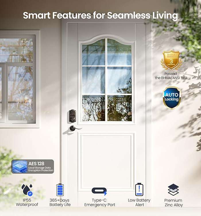 Veise VE017-L Fingerprint Smart Lock with Lever Handles, App Control, Keyless Entry Front Door Lock Set, Electronic Digital Keypad Deadbolt, Remote Grant, Emergency Power Port, Auto Lock, Matte Black - Image 5