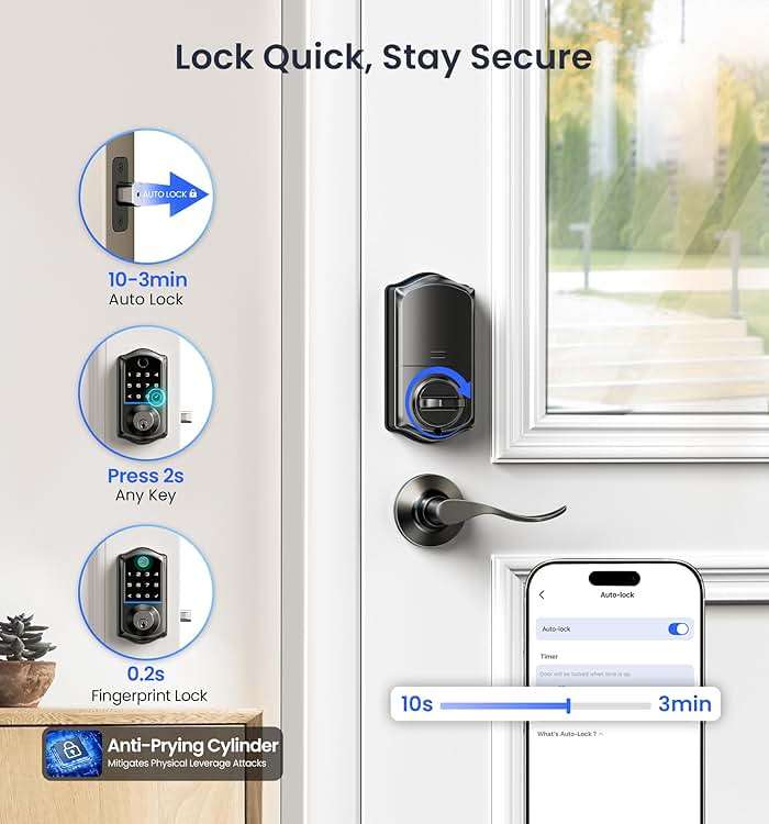 Veise VE017-L Fingerprint Smart Lock with Lever Handles, App Control, Keyless Entry Front Door Lock Set, Electronic Digital Keypad Deadbolt, Remote Grant, Emergency Power Port, Auto Lock, Matte Black - Image 7